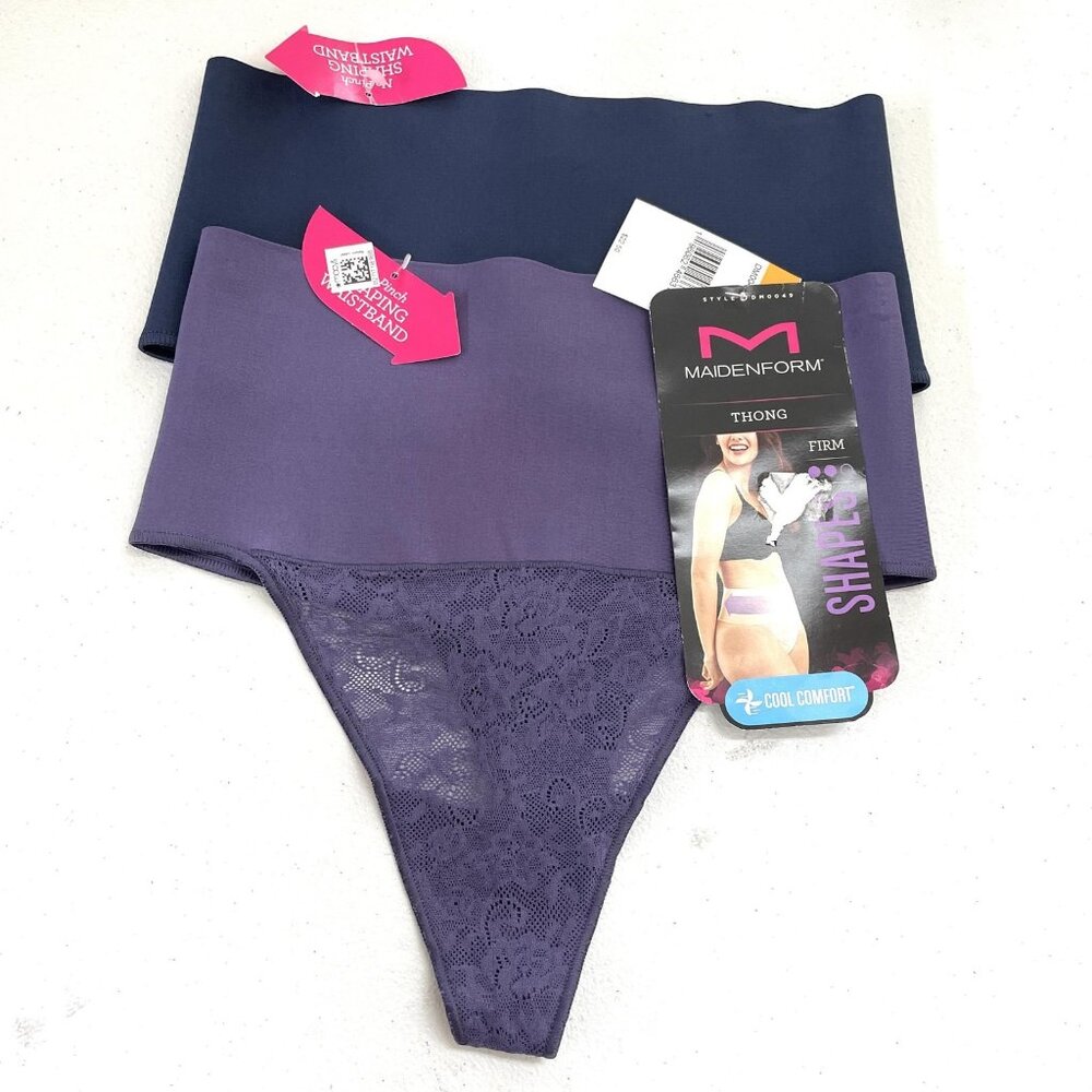 Maidenform Thong Womens Small Purple Navy High Waist Shaping Cool Comfort 2 Pack